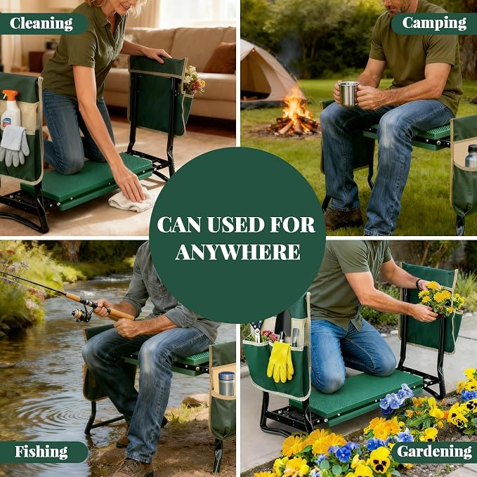 RAIN SPIRIT Garden Kneeler and Seat with Thicken & Widen Soft Kneeling Pad,Heavy Duty Gardening Bench Kneeler and seat Foldable Gardening Stool with 2 Tool Pouches，Gifts for Women, Seniors, Mom & Dad