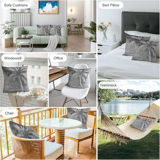 Coastal Beach Tree Grey Outdoor Waterproof Pillow Covers, Vintage Summer Palm Tree Decorative Square Throw Pillowcase, Tropical Botanical Sofa Cushion Sham for Patio/Couch/Chair, 18"x18" 2 Pack