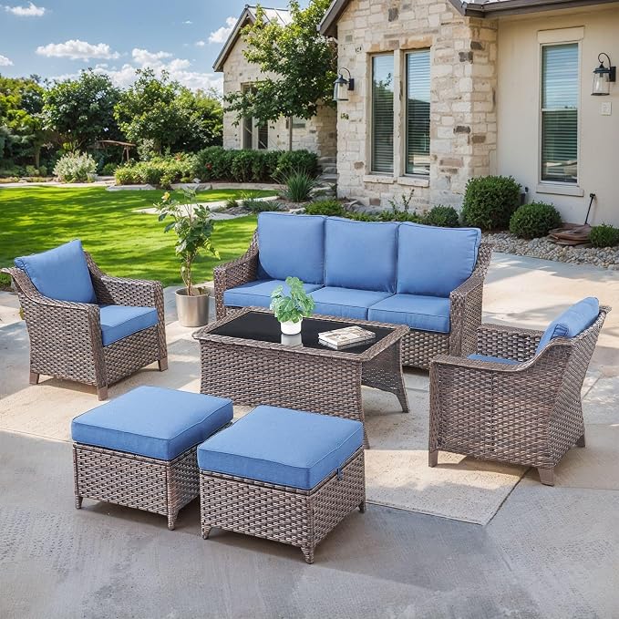 6 Pieces Outdoor Patio Furniture-High Back Rattan Wicker Couch with Outdoor Chairs Patio Conversation Sets for Porch Garden Backyard Poolside-Brown/Blue