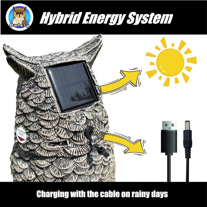 Brown Solar Owl with Motion Detector, Flashing Eyes, Spinning Head, Realistic Hooting and Silent Mode, Garden Owl, Outdoor Statue, Decoration for Home, Garden, Patio and Fence
