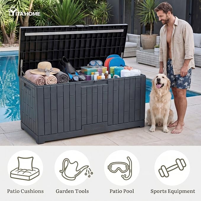 YITAHOME Large Outdoor Storage Box, 120 Gallon Waterproof Resin Deck Box w/Slide-Locking Black Lid, Patio Storage Bin and Bench Seat for Garden Tools, Cushions &Pool Supplies, Easy Assembly, Dark Gray