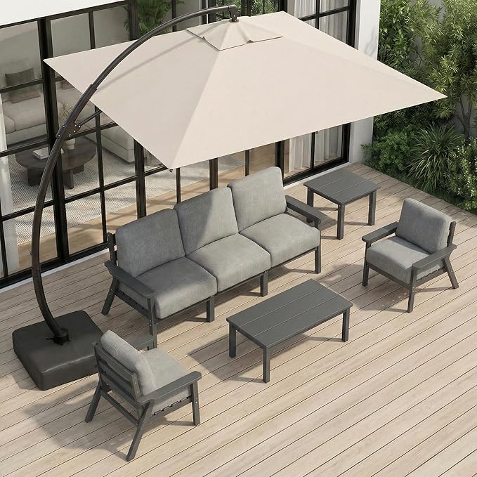 HDPE Patio Furniture Set 5 Seats with Cantilever Umbrella, Outdoor Couch with Washable Thick Gray Cushions & Tables, Outdoor Sectional Furniture for Deck, Lawn, Porch (Gray Frame)