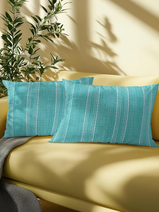 Waterproof Outdoor Pillow Set of 2 Aqua Linen Stripes Decorative Throw Pillows Cover & Insert 20x12 Inch Lumbar Pillowcase Parallel Vertical Lines Pillows for Couch Sofa Bed Patio Furniture