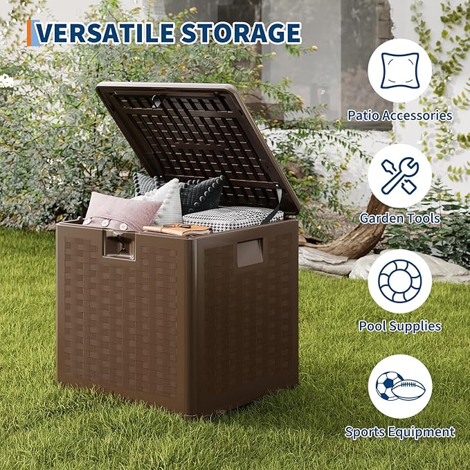 IDEALHOUSE 28 Gallon Deck Box, Waterproof Outdoor Storage Box with Lockable Lid, Heavy-Duty Resin Patio Furniture Cushion Storage Container for Garden, Backyard and Poolside, Brown