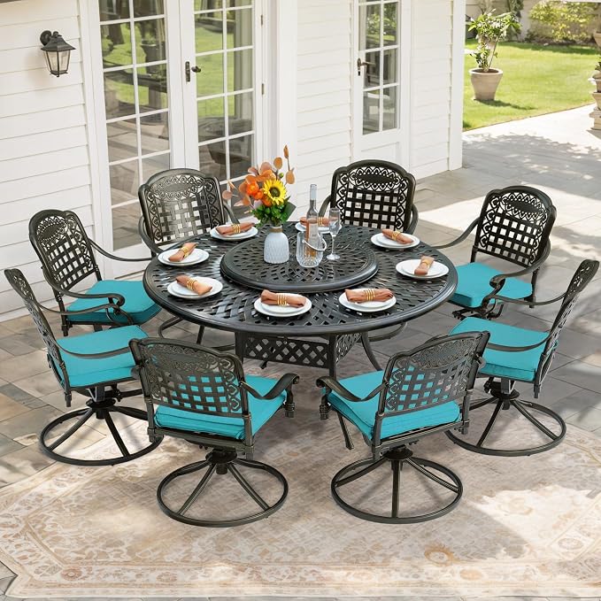 9-Piece Patio Furniture Dining Set, Cast Aluminum Outdoor Conversation Set- 61" Round Patio Dining Table with Detachable Lazy Susan & 8 Cushioned Swivel Rocker, Umbrella Hole, Ocean Blue