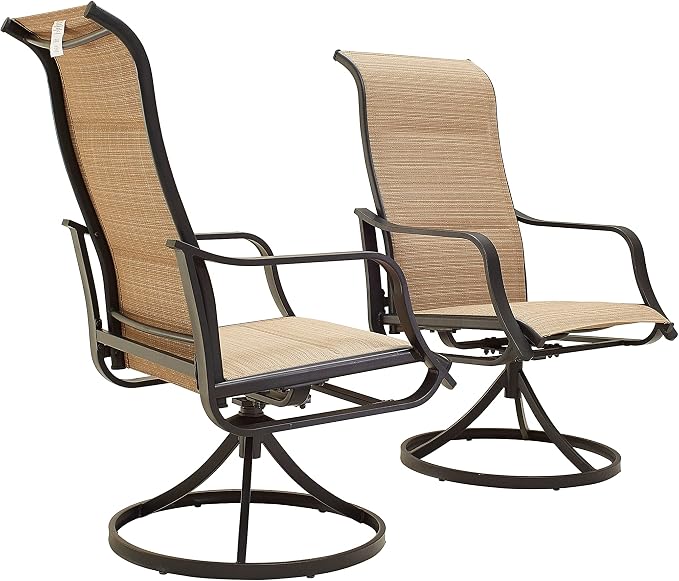 LOKATSE HOME Outdoor Swivel Patio Chairs Set of 2, 360-Degree Stable Rotation Textilene Dining Chair with High Back for Lawn Backyard Deck, Beige