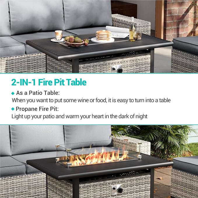 13-Piece Outdoor Patio Furniture Set with 55,000 BTU Fire Pit Table, Grey PE Wicker Rattan Sectional Sofa Patio Conversation Set with Coffee Table, Grey