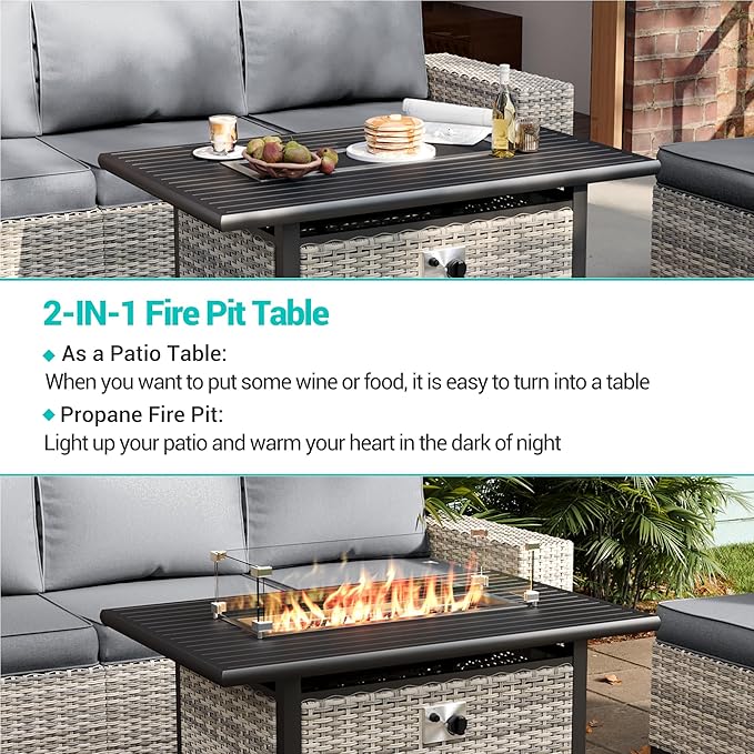 Outdoor Patio Furniture Set 9-Piece PE Rattan Wicker Outdoor Sectional Sofa with 5,000 BTU Fire Pit Table, Modern Modular L-Shaped Conversation Set with Thickened Cushions and Chunky Arms, Slate Grey