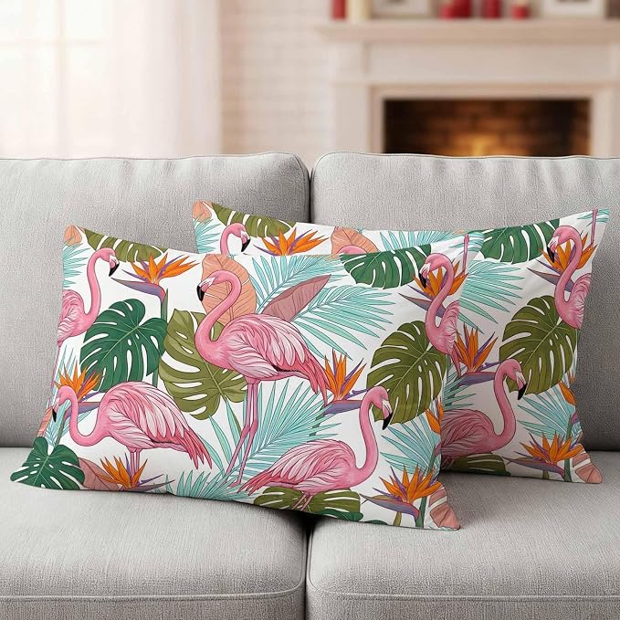 Pink Flamingos Outdoor Pillow Covers 20"x12" Set of 2, Watercolor Monstera Leaf Green Tropical Plant Waterproof Throw Pillow Covers for Patio Furniture, Decorative Cushion Covers for Porch