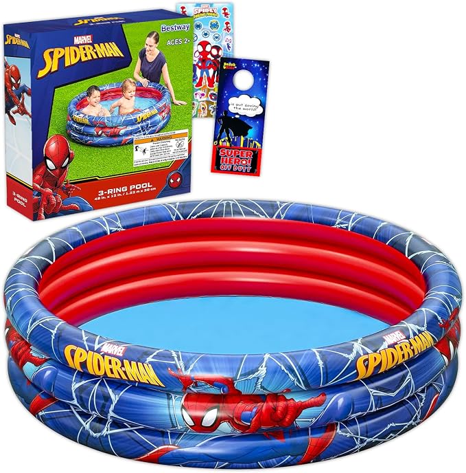 Spiderman Inflatable Pool - Bundle with Marvel Inflatable Kiddie Pool for Boys, Girls, Kids Plus Stickers, More | Spiderman Kiddie Pool Set (48" L x 48" W x 10" H)