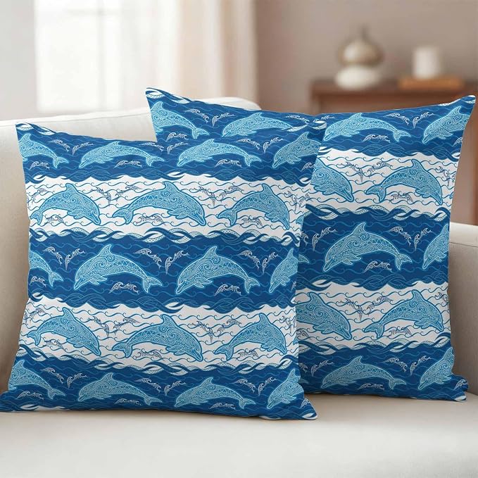 Waterproof Pillow Covers Set of 2,Summer Sea Dolphins Outdoor Pillow Protectors with Zipper Pillowcases for Patio Tent Garden Beach 18x18 Inches Blue White Waves