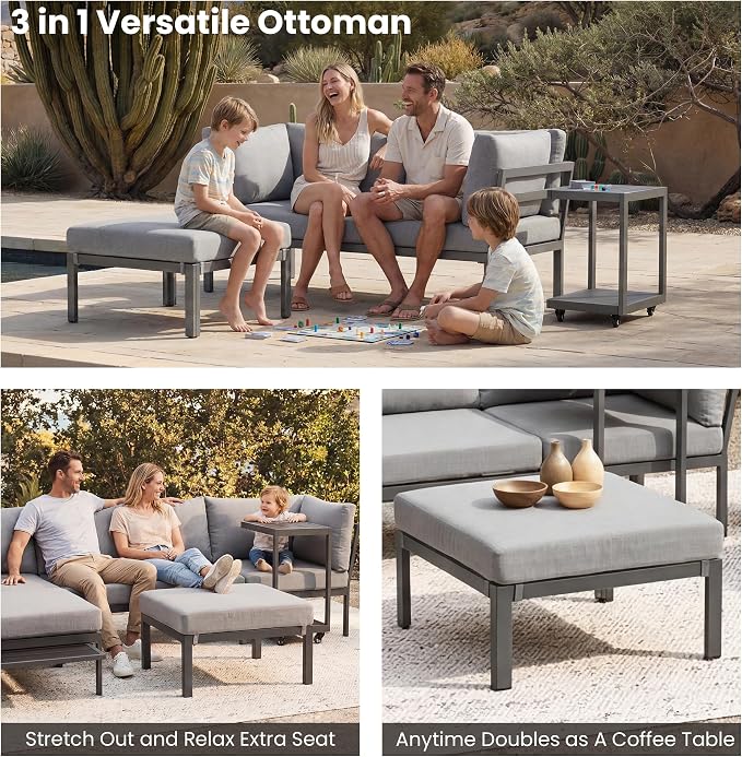 Patio Sectional Sofa Set for 4/5, All Weather Patio Furniture Set, Outdoor Patio Conversation Set with Cushions, Modular Patio Sofa Couch with Ottoman/Rolling Side Table for Fire Pit, Grey