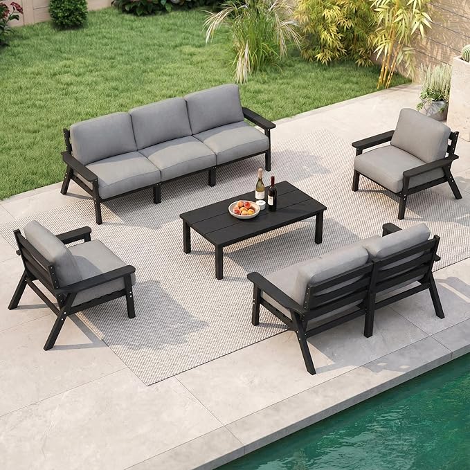 7 Piece Patio Furniture Set, HDPE Outdoor Sectional with Gray Washable Thick Cushions, Coffee Table, Patio Conversation Sets for Lawn, Garden, Porch, Balcony (Black Frame)