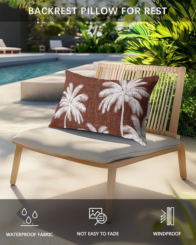 Pack of 2 Outdoor Lumbar Pillow Covers 12x20 Inch, Brown Palm Trees Waterproof Throw Pillow Covers Set, Farmhouse Tropical Summer Beach Indoor&Outdoor Decorative Cushion Cases for Patio Porch Car