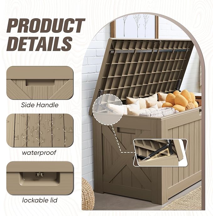 JUMMICO 120 Gallon Resin Deck Box, Large Outdoor Storage Box Waterproof & Lockable for Garden, Patio, Pools (Light Brown)