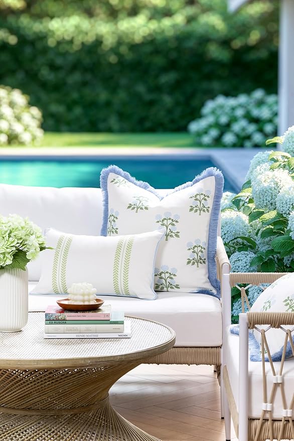Hofdeco Premium Grandmillennial Coastal Hampton Patio Indoor Outdoor Throw Pillow Cover Only, 20"x20" Water Repellent for Backyard, Couch, Poolside, Baby Blue Green Print Hydrangea Flowers