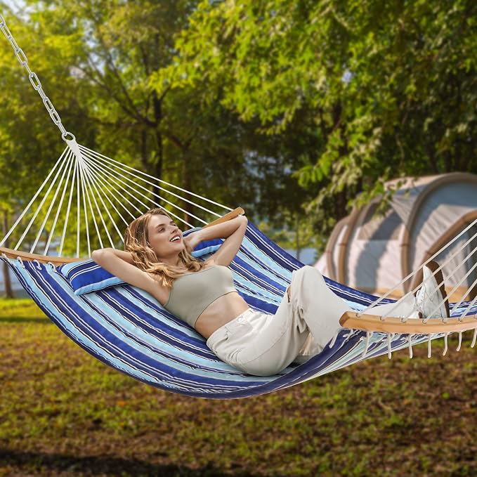 Double Hammock with Bamboo Wood Spreader Bars and Detachable Pillow, 2 Person 11 FT Portable Hammocks Bed Quilted Fabric Hammock for Yard Garden Balcony Indoor Outdoor, 440 Pound Capacity, Blue Stripe