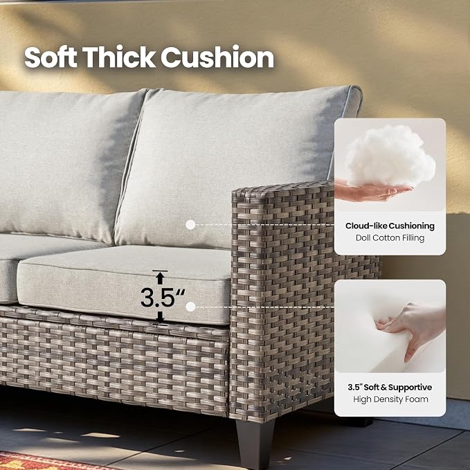 6 Piece Wicker Patio Furniture Set with Solar Table, Gray | Outdoor Deep Seating Sofa Chair Ottoman, Solar Lights Table, All Weather Rattan, Modern Conversation Set, Porch Deck Backyard