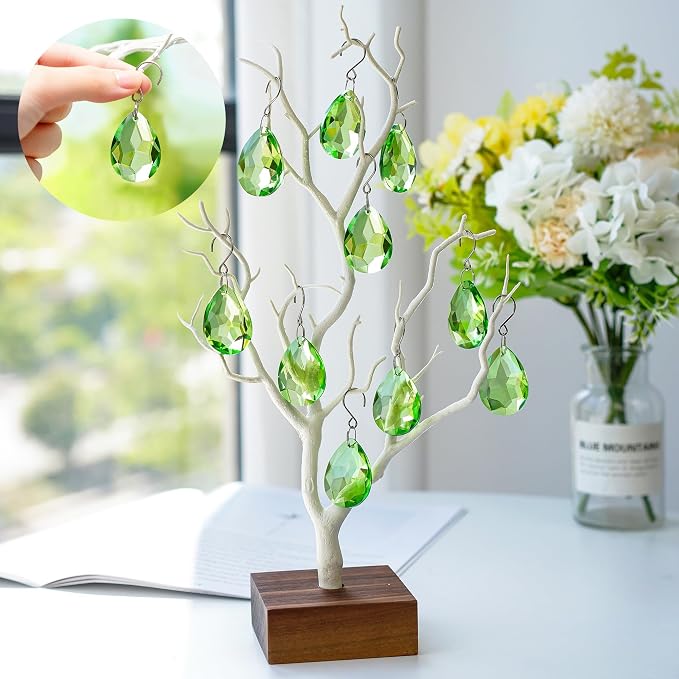 10 Pcs Green Crystal Bauhinia Suncatcher Prisms Chandelier Window Decor | Green Crystal Bauhinia Prisms Suncatcher Pendants 38mm Chandelier Beads Replacement Hanging for Window Wedding Party Decor