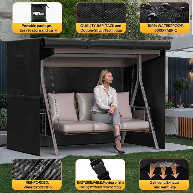 Outdoor Swing Cover 3 Seater 600D Hammock Cover Waterproof Heavy Duty Garden Hammock Glider Chair Cover Patio Furniture Covers Garden Swing Canopy Cover All Weather Protection 77Lx53Wx67H inch