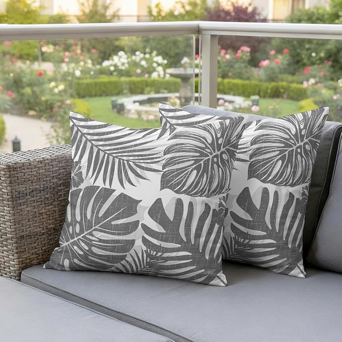 Grey Palm Leaves Outdoor Pillow Covers 18"x18" Set of 2, Tropical Botanical Minimalist Modern Waterproof Throw Pillow Covers for Patio Furniture, Decorative Cushion Covers for Porch