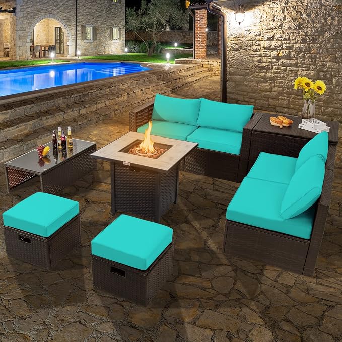COSTWAY 9 Piece Patio Furniture Set with 30'' Fire Pit Table, Outdoor Wicker Rattan Sectional Sofa Set with 4'' Thickened Cushions, 2 Coffee Tables and 2 Ottomans for Poolside Backyard (Turquoise)