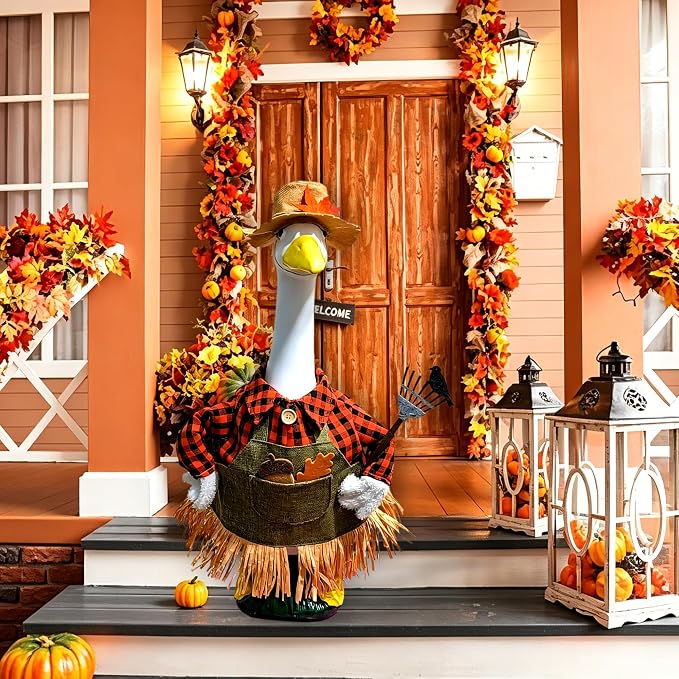 Fall Scarecrow Porch Goose Outfit – 3Pcs Harvest Farmer Costume with Straw Hat, Plaid Shirt Apron & Pitchfork Prop for 23'' Lawn Goose Statue, Outdoor Patio Yard Autumn Thanksgiving Halloween Decor