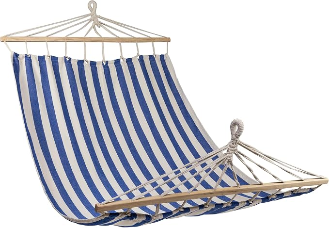 Striped Macrame Quilted Two Person Double Hammock - 9' x 56" - Blue and Cream
