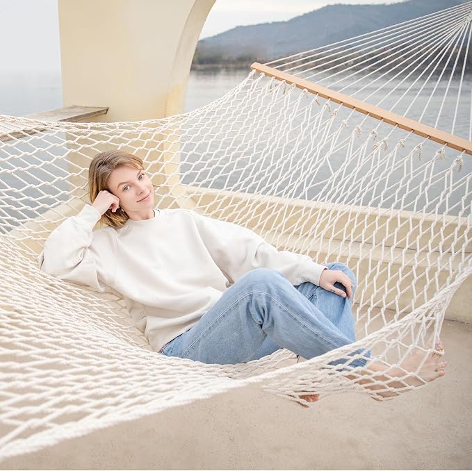 GAFETE Double Hammocks for Outside, Handwoven Traditional Cotton Rope 2 Person Hammock with Hardwood Spreader Bar, Chains & Hooks for Indoor Outdoor, Max 450 lbs Capacity (Natural Beige, Medium)