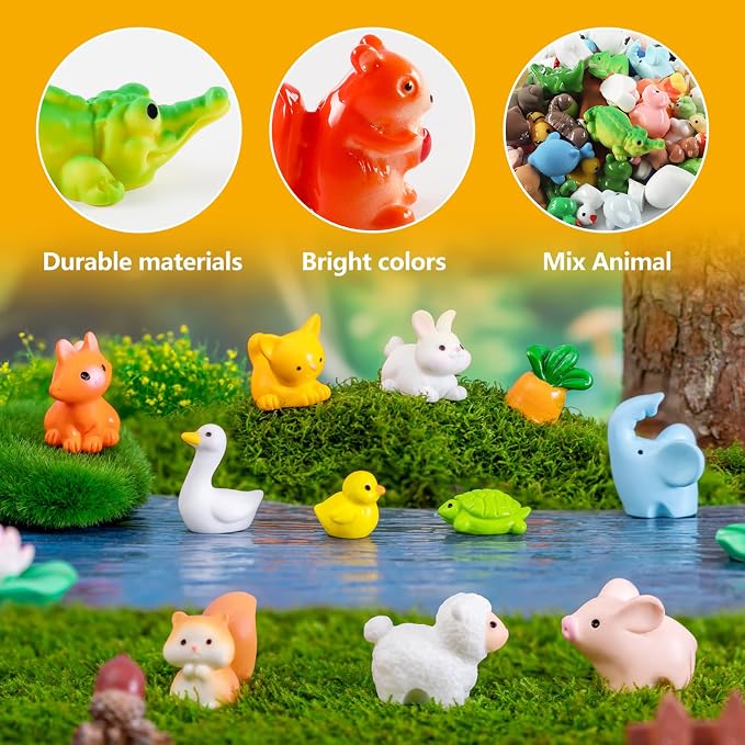 Prudiut 60 Pcs Mini Resin Animal Figures 60 Styles for Fairy Garden Decor | Tiny Resin Animal to Hide Assorted Little Animals Figures for Desk Pets Decor Miniature Landscape Dollhouse Accessories