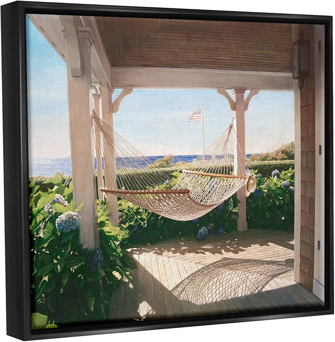 'Tranquil Hammock Warm Sunlit Porch Rural'| Floating Frame Canvas Art | Stupell Industries | Black, 31 x 25 Inches, Easy to Hang and Sturdy, Made in USA, by Tom Mielko