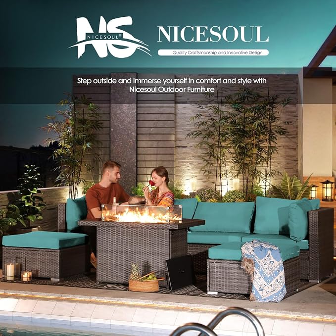 NICESOUL 15 Piece Outdoor Patio Furniture Set with Fire Pit, Extra Large Wide Outdoor Deep Seated Sectional, Cozy 29.3'' High-Back Modular Couch, 500 Lbs High Weight Capacity Wicker Sofa, Gray & Teal