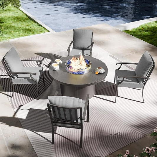 5 Piece Metal Outdoor Patio Furniture Set with 48" Round Propane Fire Pit, Outdoor Dining Table Set with 4 Fixed Chairs and 55000 BTU Outdoor Fire Pit, Grey