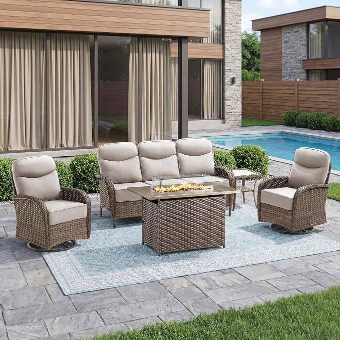 Luxury 6-Inch Cushion Patio Furniture Set with 41" Fire Pit Table, High Back Swivel Rocker Patio Chairs with Outdoor Couch, Outdoor Wicker Conversation for Deck Porch Garden Balcony Poolside
