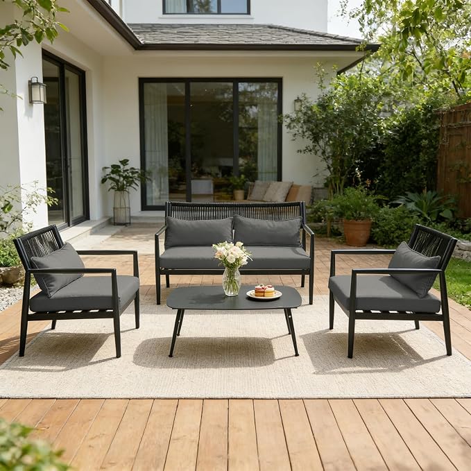 Outdoor Patio Furniture Set, 4 Seats Outdoor Sectional with Coffee Table, Patio Conversation Sets with PE Rope, Outdoor Sectional Sofa with Thick Cushions for Balcony, Porch (Dark Gray)