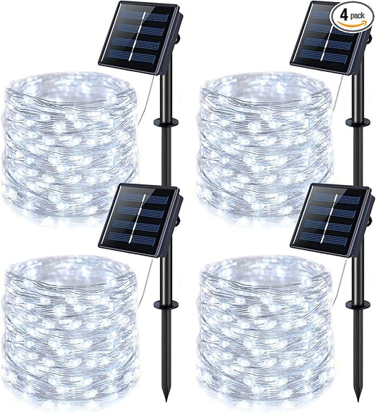 JMEXSUSS 4 Pack Solar Fairy Lights, 33ft 100LED Solar String Lights, White | Christmas Lights Outdoor Waterproof, 8 Modes Copper Wire Twinkle Lights for Outside Garden Yard Tree Wedding Decorations