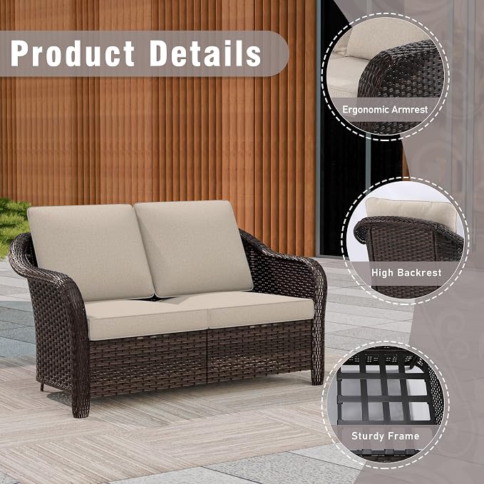 7 Piece Patio Wicker Conversation Set, 2 All-Weather Use Outdoor Wicker Loveseat with 2 PE Rattan Ottomans,2 Chair, 1 Side Table, Ideal for Porch, Backyard, Balcony, Poolside, Beige