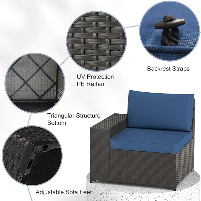 Patio Furniture Set, 6PCS Outdoor Sectional with Ottoman Wicker Rattan Patio Couch with Thickened Cushion Modular Wicker Patio Conversation Set with Glass Top Table for Balcony, Backyard(Blue)
