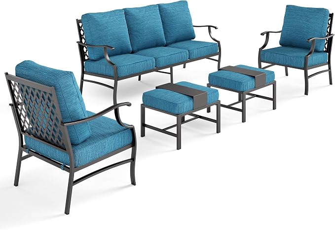 SUNSHINE VALLEY 5 Piece Metal Outdoor Patio Furniture Set, Patio Conversation Sets 3-seater Sofa, 2 Fixed Chair, 2 Ottomans with 5.75" Thick Cushion, Black All-weather Frame Backyard Furniture, Blue-2