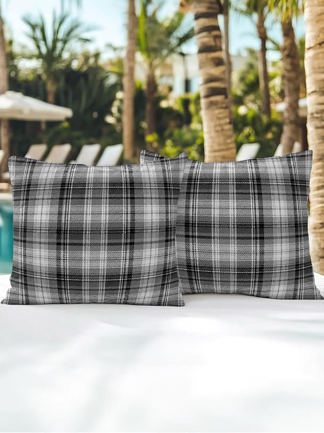 Waterproof Outdoor Pillow Set of 2 Gray Checked Plaid Decorative Throw Pillows Cover & Insert 16x16 Inch Pillowcase Stripes Woven Grid Square Pillows for Couch Sofa Bed Patio Furniture Indoor Outdoor