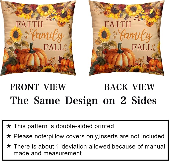 Fall Pillow Covers Pumpkin Sunflower Throw Pillow Covers Autumn Thanksgiving Harvest Pillow Case 24x24 Set of 2 Double Sided Printing Cushion Case for Couch Sofa