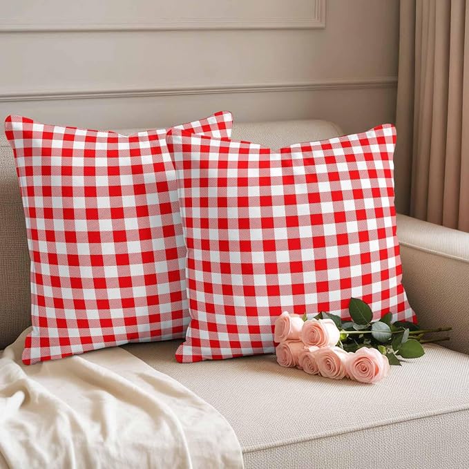 Red White Plaid Waterproof Outdoor Pillow Covers Set of 2 Home Decor Modern Farmhouse Buffalo Check Gingham Pillowcase Patio Pillow Covers for Couch Bench Furniture Garden 20x20in