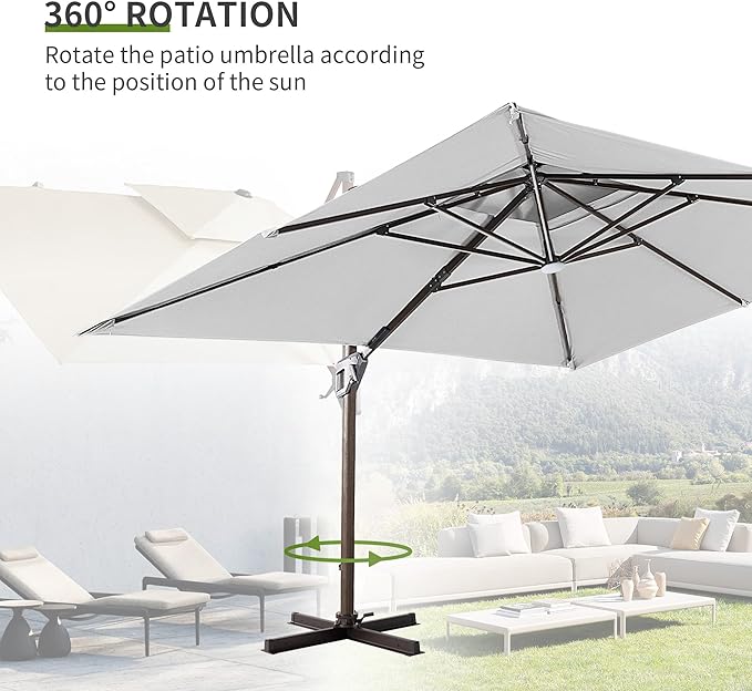 JZAC & QZYD 10X13 FT Outdoor Cantilever Patio Umbrella with LED Lights, Large Heavy Duty 2-Tier Aluminum Offset Umbrellas with 360-Degree Rotation for Pool Deck, FogGrey