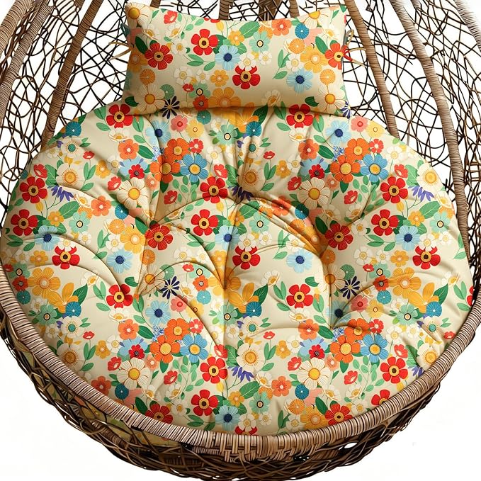 Outdoor 45" Round Egg Chair Cushion Replacement Waterproof Yellow Daisy | Thicken Pad with Headrest Pillow, Hanging Swing Wicker Egg Chair Cushions, Suitable for Garden Office
