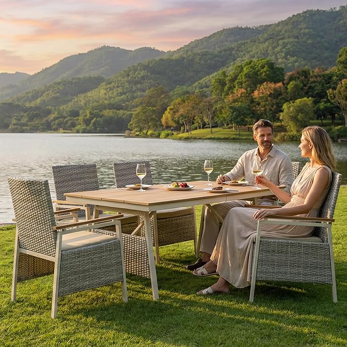 Outdoor Dining Table Set for 6, Rattan Patio Dining Sets with Waterproof Cushions, 7 Piece Patio Table and Chairs Set, Rectangular Dining Table and Patio Chairs for Porch/Deck/Yard, Green