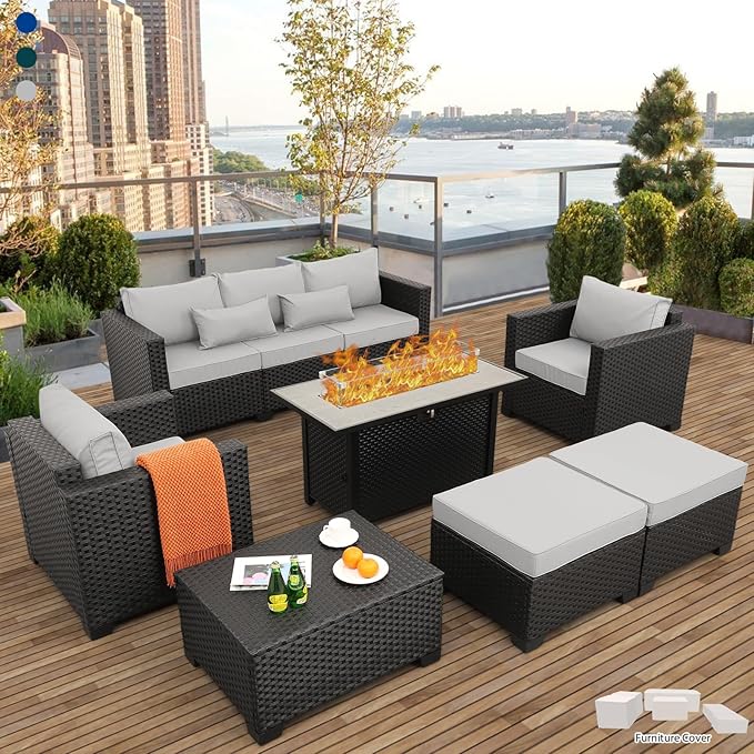Patio Furniture Set 45 In Outdoor Fire Pits 7 Pieces Outdoor Patio Furniture 60000 BTU Outdoor Propane Fire Pit Table Patio Sofa Outdoor Chairs Anti-slip Cushions Waterproof Covers, Light Grey