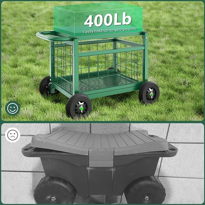 Garden Cart with Seat,3-in-1 Rolling Seat with Wheels for Seniors Gardening | Upgraded Heavy Duty Gardenning Cart with Seat, Supports up to 600 LBS for Seniors, Lawn, Patio & Backyard Gardening, Green