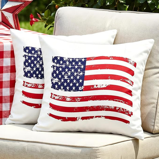4th of July Pillow Covers 18x18 Inch Set of 2 | Red White Blue Patriotic Summer Outdoor Throw Pillow Covers, USA Flag Independence Memorial Day Cushion Case for Sofa Couch