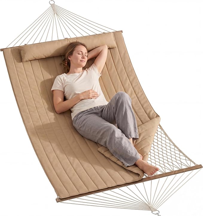 Takywep 2 Person Hammock with Polyester-Cotton Pad, 12FT Double Hammock with Wooden Spreader Bar, Removable Pillow, 450LBS Capacity, 2-in-1 Outdoor Hammock for Patio, Garden, Beach (No Stand)