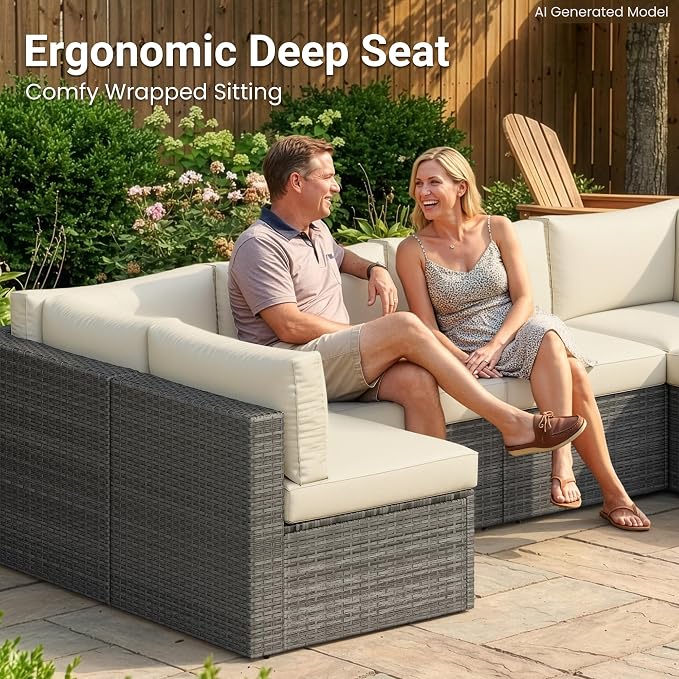 Wisteria Lane 7 Pieces Outdoor Patio Furniture Set, Wicker Outdoor Patio Sectional Sofas with Coffee Table, All-Weather Patio Conversation Set for Garden Backyard, Beige